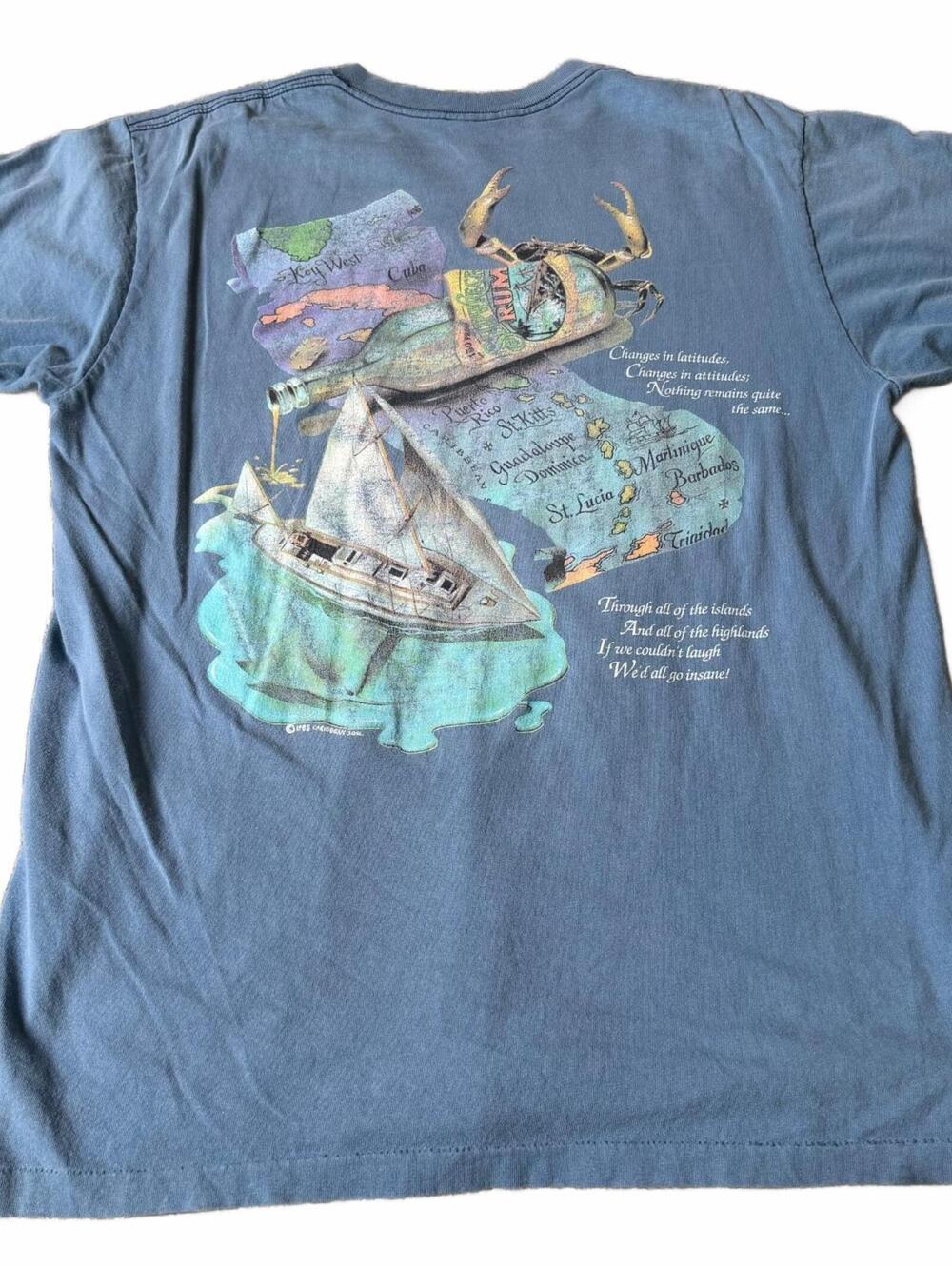 Vintage Single Stitch Caribbean Soul Large Blue Jimmy Buffett Sailing T-Shirt